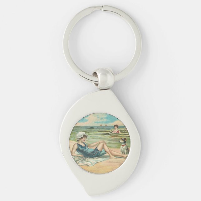 Victorian Beach Swim Girl Ocean Summer Vacation Key Ring (Front)
