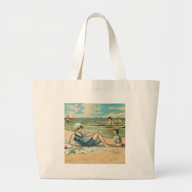 Victorian Beach Swim Girl Ocean Summer Vacation Large Tote Bag (Front)