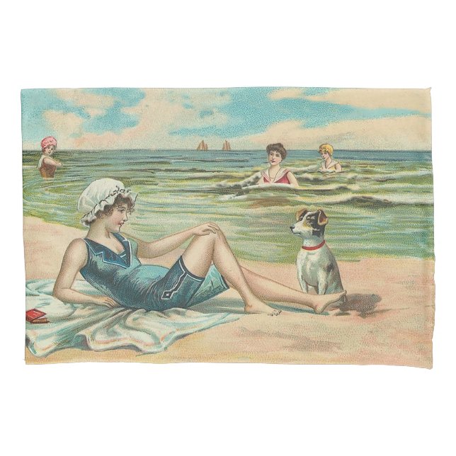 Victorian Beach Swim Girl Ocean Summer Vacation Pillowcase (Front)