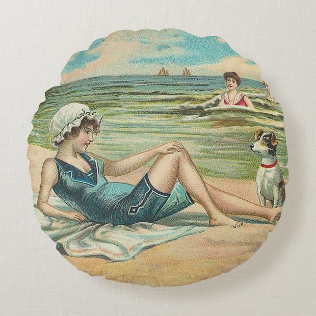 Victorian Beach Swim Girl Ocean Summer Vacation Round Cushion (Front)