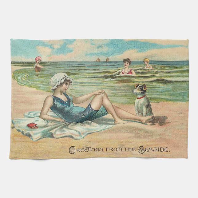 Victorian Beach Swim Girl Ocean Summer Vacation Tea Towel (Horizontal)
