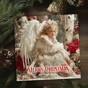 Victorian beautiful angel red white gold winter  holiday card
