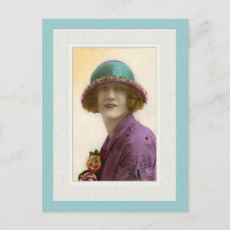 Victorian beauty in hat purple teal dress postcard