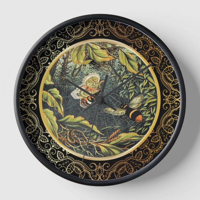 Victorian Bee and Butterfly in Spider Web Clock (Front)