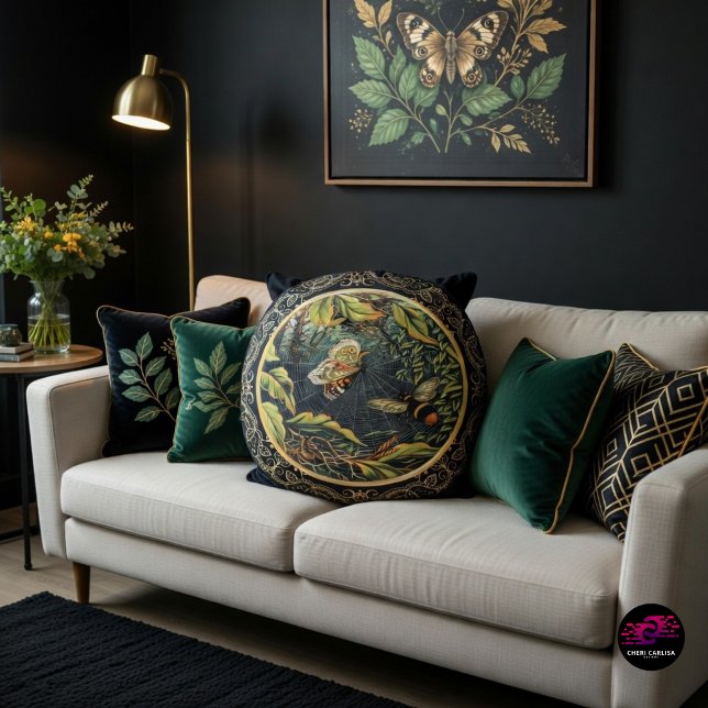 Victorian Bee and Butterfly in Spider Web Round Cushion (Not your average pillow—this one tells a story 🐝🕸️)