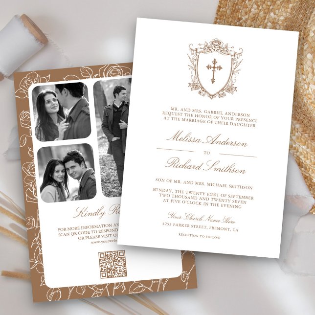 Victorian Beige Catholic QR Code Wedding Invitation (Creator Uploaded)
