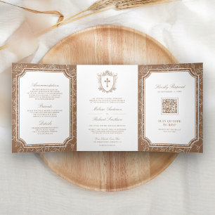 Victorian Beige Catholic QR Code Wedding Tri-Fold Invitation