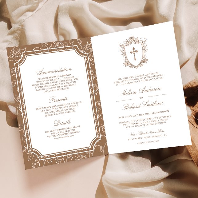 Victorian Beige Tan Catholic QR Code Wedding Invitation (Creator Uploaded)