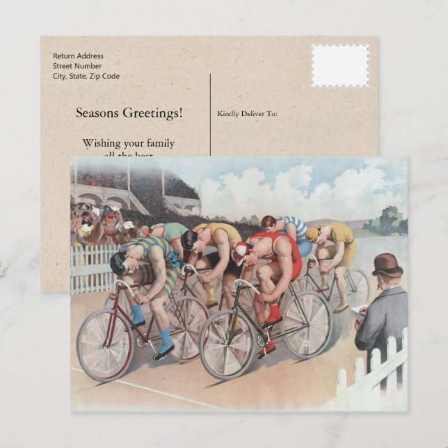 Victorian Bicycle Race Watercolor Holiday Postcard (Front/Back)
