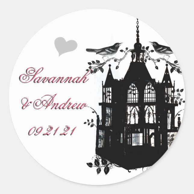 Victorian Bird Cage Pink and Black Wedding Sticker (Front)