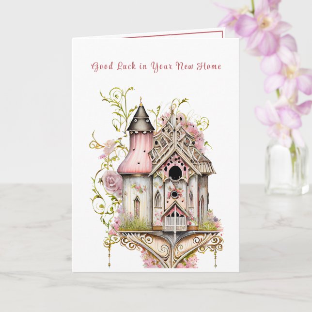 Victorian Birdhouse Good Luck New Home  Card (Orchid)