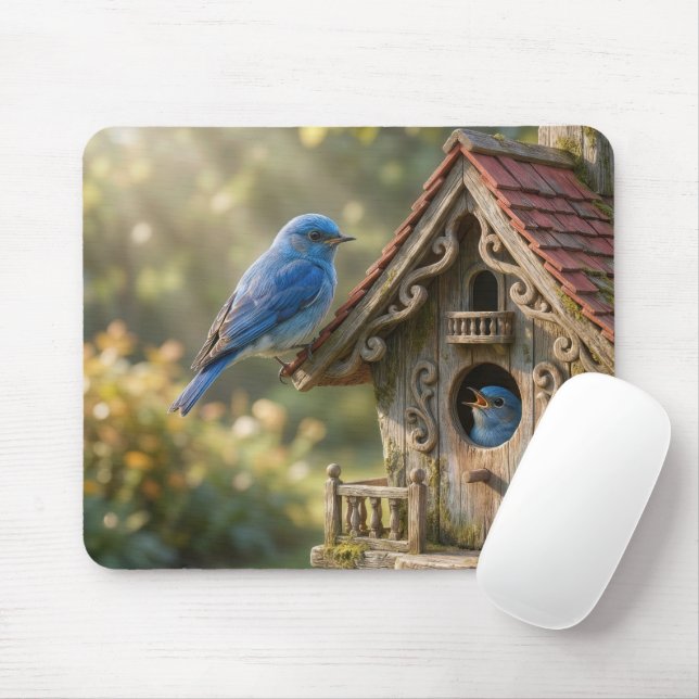 Victorian Birdhouse with Bluebirds Mouse Mat (With Mouse)