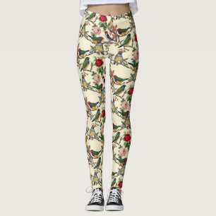 Victorian Birds and Roses Scrapbook Retro Leggings