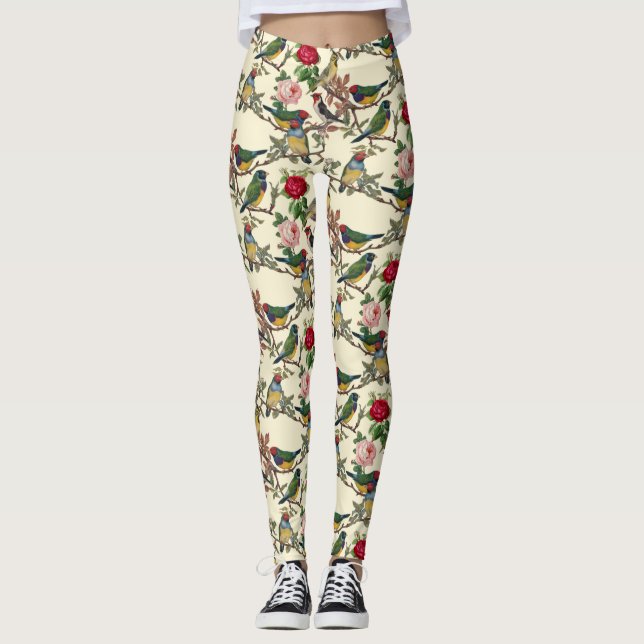 Victorian Birds and Roses Scrapbook Retro Leggings (Front)