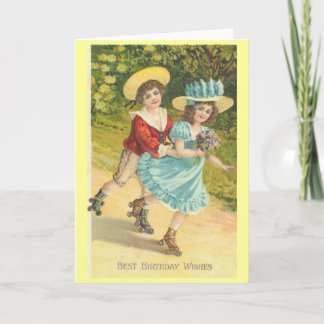 Victorian Birthday boy and girl on rollerskates Card