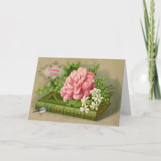 Victorian Birthday Card Pink Roses Vintage Book
