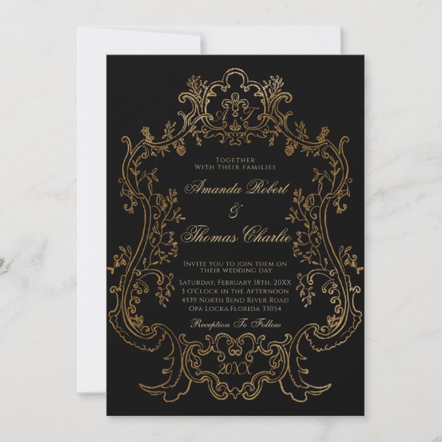 Victorian Black and Gold Wedding  Invitation (Front)