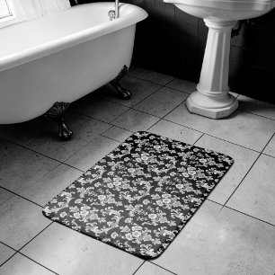 Victorian Black and White Damask Pattern Bath Mat