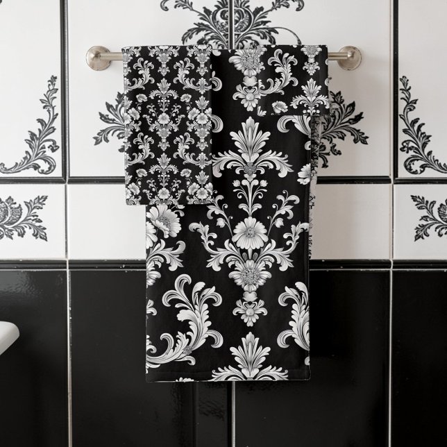 Victorian Black and White Damask Pattern Bath Towel Set (Creator Uploaded)