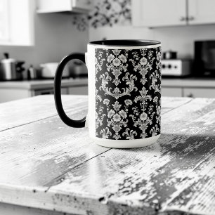Victorian Black and White Damask Pattern Mug