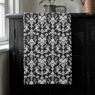 Victorian Black and White Damask Pattern Tea Towel