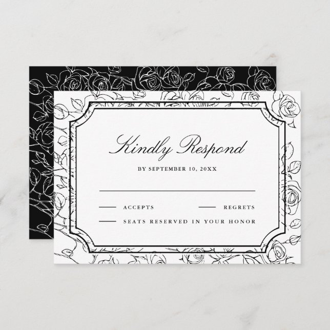 Victorian Black and White Floral Line Art Wedding RSVP Card (Front/Back)