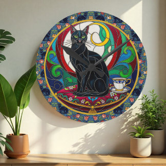 Victorian Black Cat Art Clock, Vintage Cats Round Clock