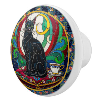 Victorian Black Cat Art Pull, Vintage Cats Ceramic Knob