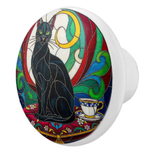 Victorian Black Cat Knob, pillow, mosaic, colorful Ceramic Knob