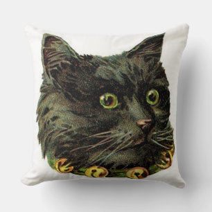 Victorian black cat with bell collar cushion