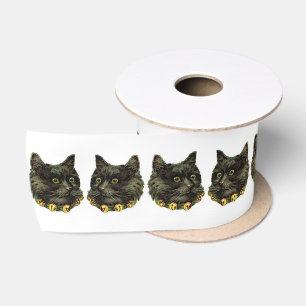 Victorian black cat with bell collar square satin ribbon