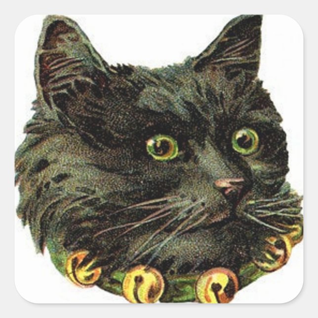 Victorian black cat with bell collar square sticker (Front)