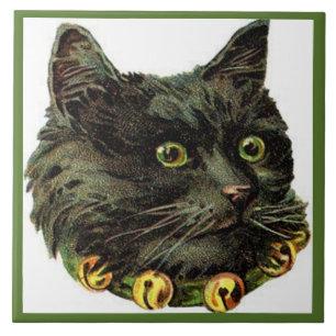 Victorian black cat with bell collar tile