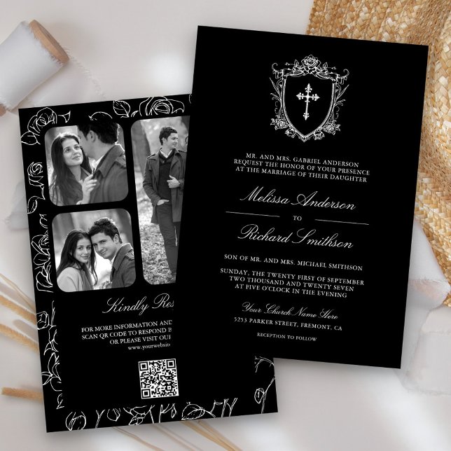 Victorian Black Catholic QR Code Wedding Invitation (Creator Uploaded)