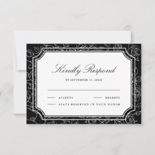 Victorian Black Floral Line Art Wedding RSVP Card