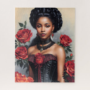 Victorian Black Girl Red Roses Goth Portrait Jigsaw Puzzle