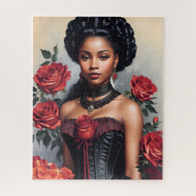 Victorian Black Girl Red Roses Goth Portrait Jigsaw Puzzle (Vertical)