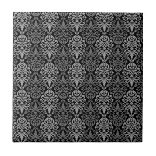 Victorian Black Grey Vintage Damask Lace Pattern Tile