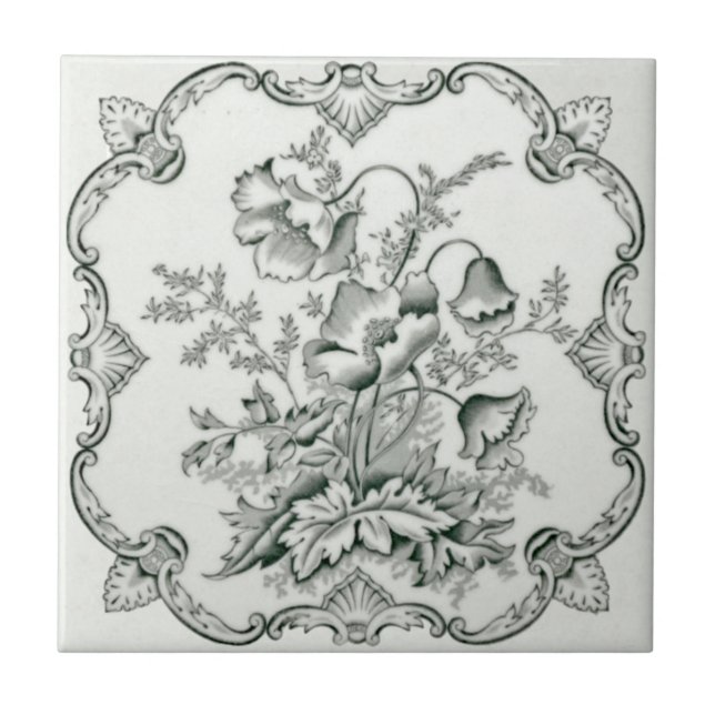 Victorian Black & White Nouveau Floral Repro Wall Tile (Front)