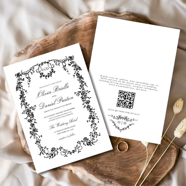 Victorian Black White QR Code Floral Wedding Invitation (Creator Uploaded)