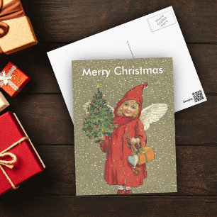 Victorian Blonde Girl Angel Christmas Tree Snow Holiday Postcard