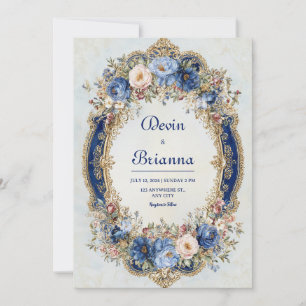 Victorian Blue and Gold Floral Frame Wedding Invitation