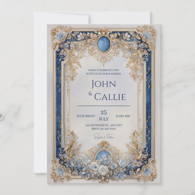 Victorian Blue and Gold Floral Wedding  Invitation (Front)