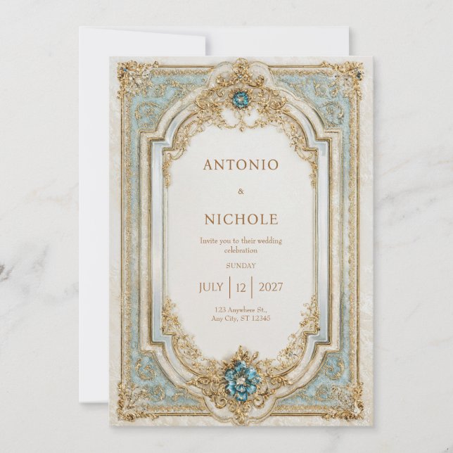 Victorian Blue and Gold Ornate Frame Wedding Invitation (Front)
