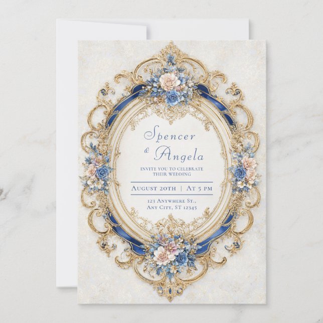 Victorian Blue and Gold Romantic Floral Wedding Invitation (Front)