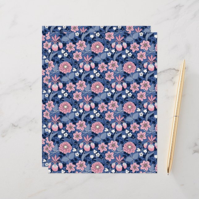 Victorian Blue and Pink Floral Scrapbook Paper (Front/Back In Situ)