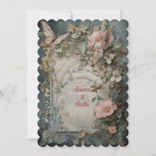 Victorian Blue and Pink Flowers and Butterflies Invitation