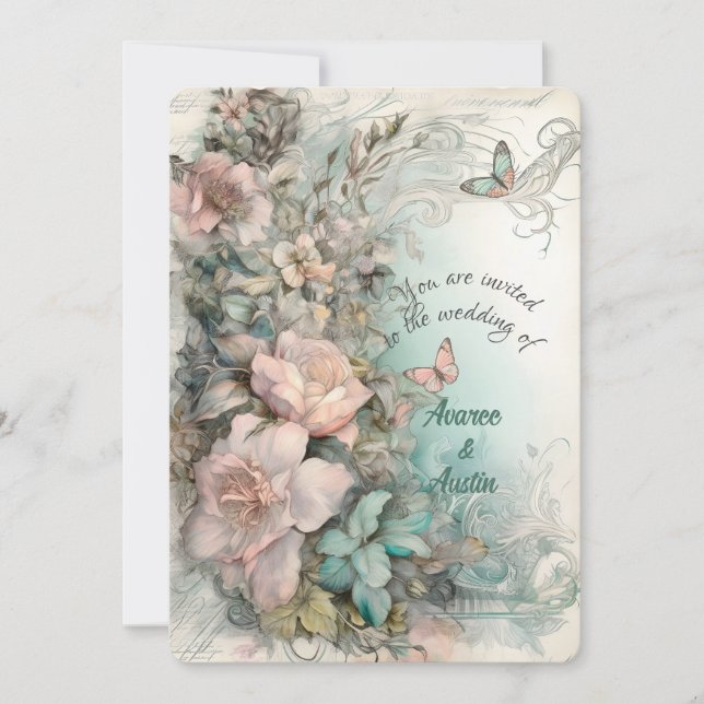 Victorian Blue and Pink Flowers and Butterflies Invitation (Front)