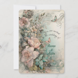 Victorian Blue and Pink Flowers and Butterflies Invitation