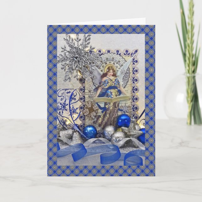 Victorian blue angel with border holiday card (Front)